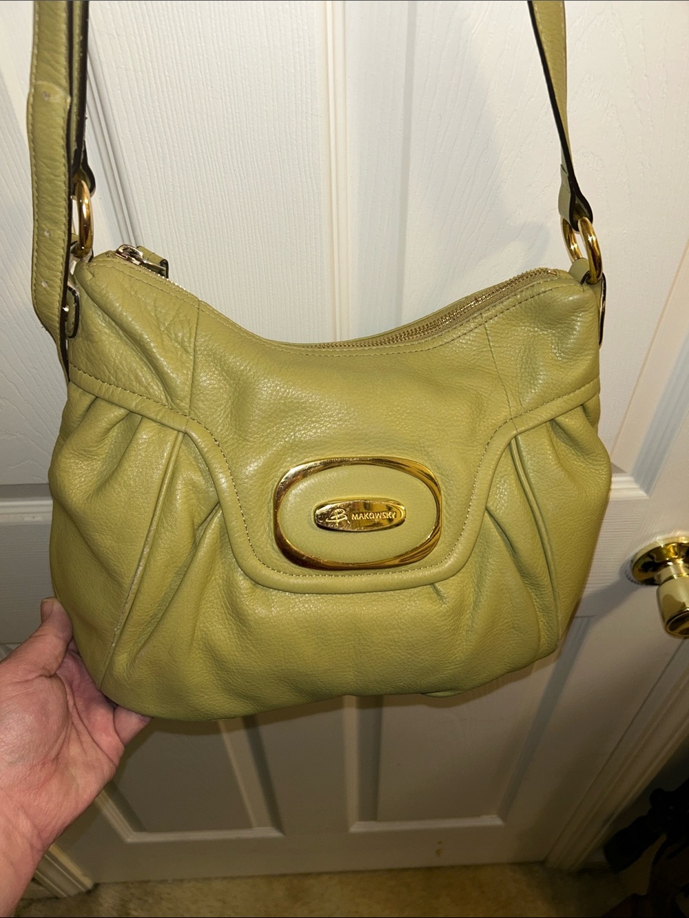 B Makowsky  Olive Pebbled Leather Shoulder Bag with Gold Accent